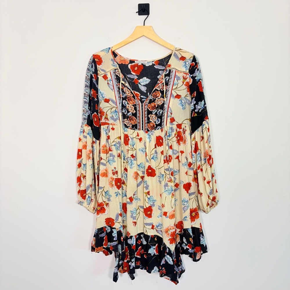 Patrons of Peace Floral Boho Mini Dress Small V-Neck Long‎ Sleeve Ruffle Hippie - Picture 2 of 7